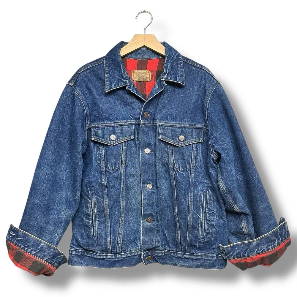 Vtg Plain Pockets Trucker Jean Jacket Plaid Lined Denim Cotton Size 44 Tall USA